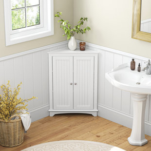 small white bathroom corner cabinet